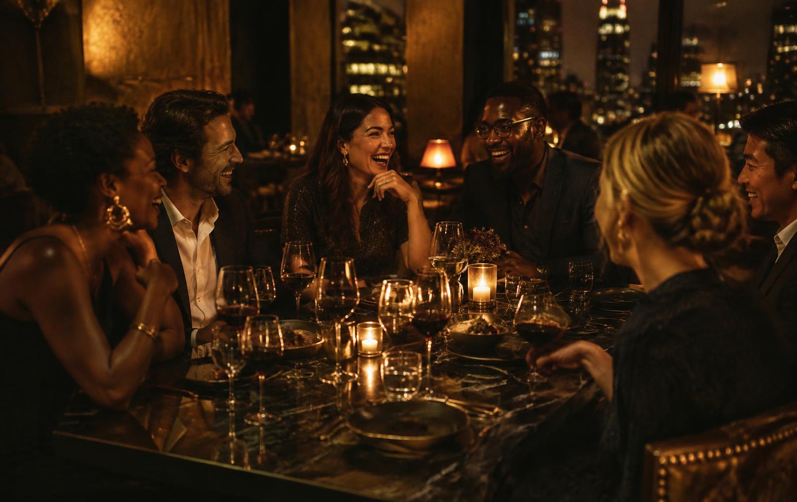 Friends laughing over a candlelit dinner